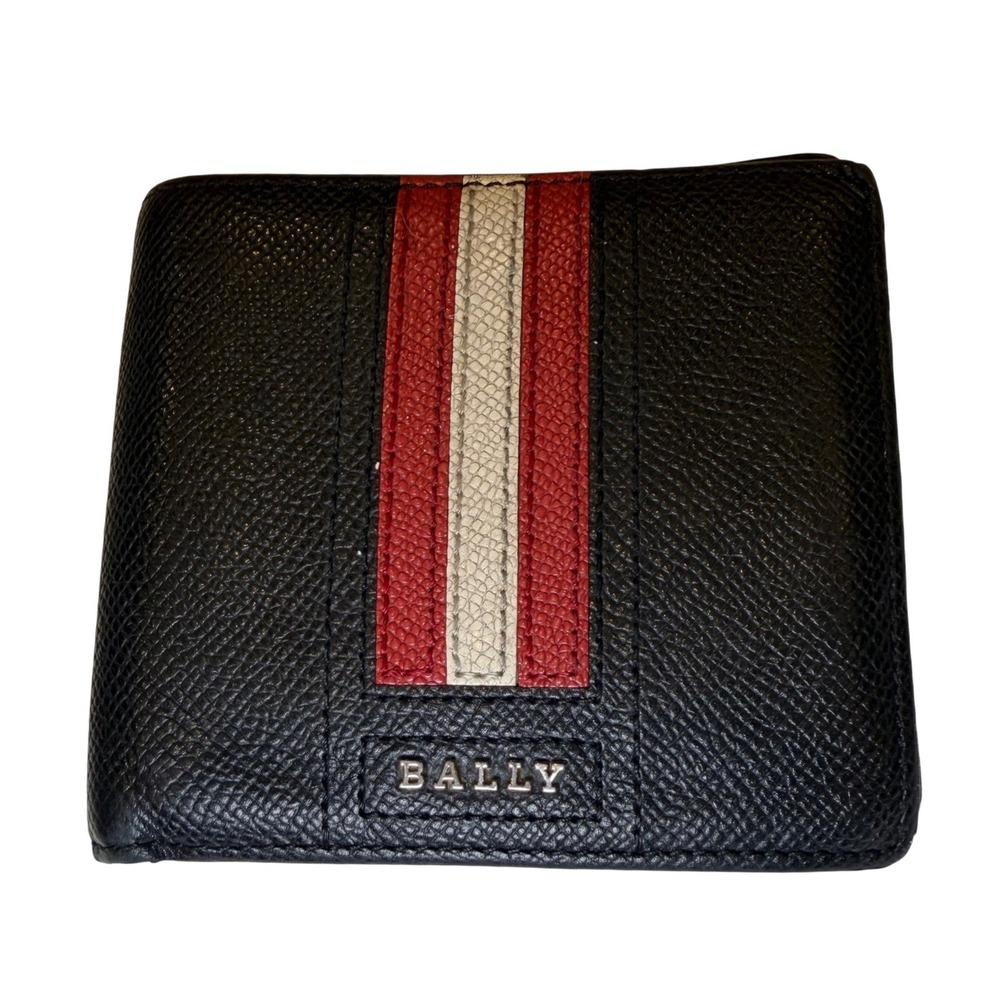 Bally Switzerland Mens Black Grained Leather Trainspotting Stripe Bifold Wallet